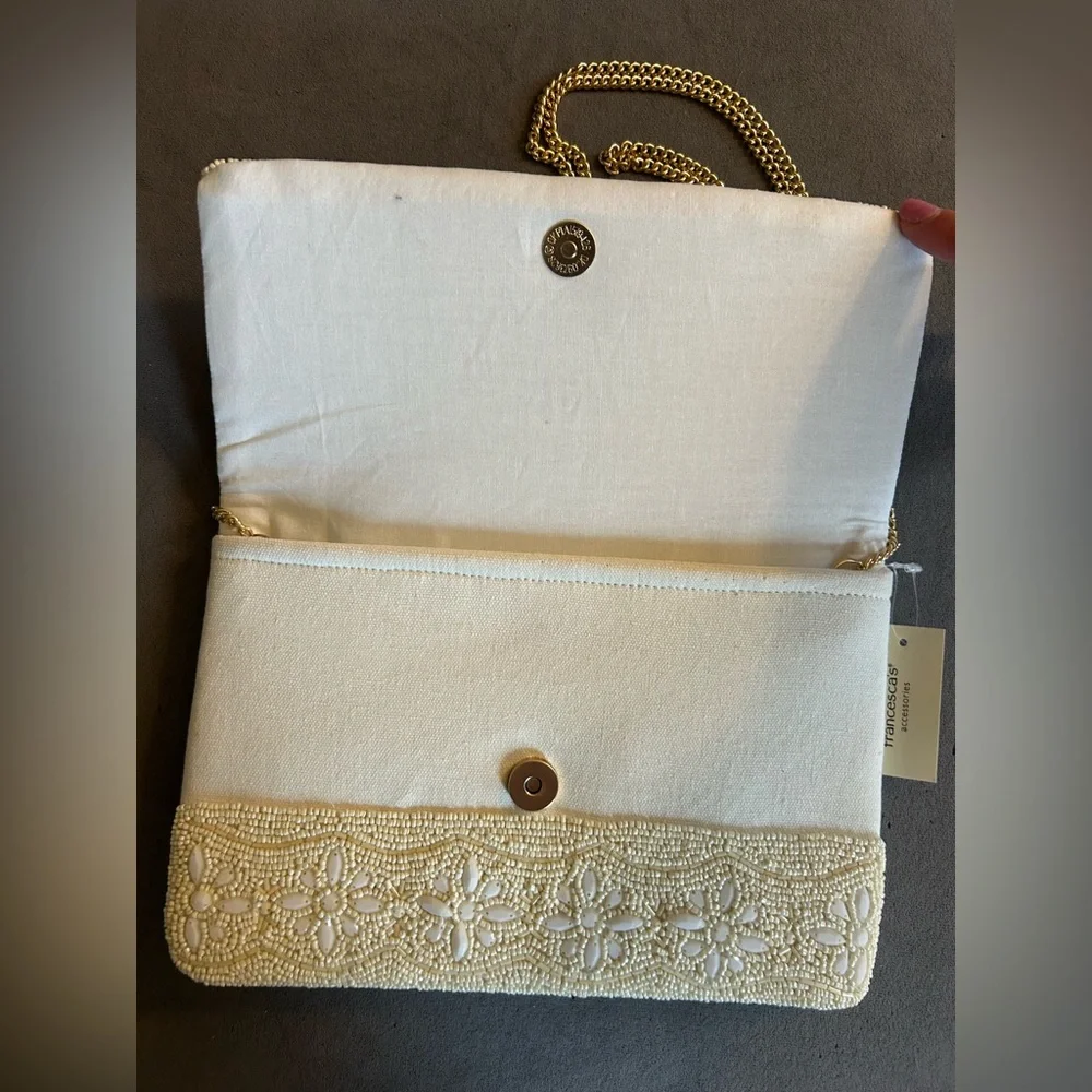 NWT! Cream Floral Beaded Clutch with Gold Strap - Picture 3 of 6